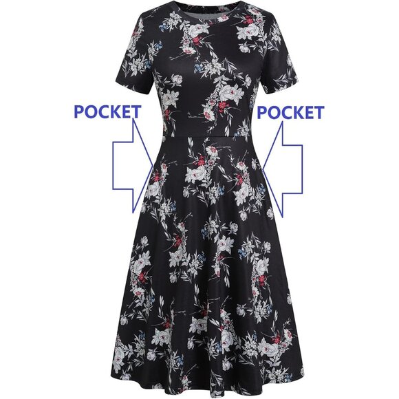 Women's Black White Elegant Knee Length Vintage A-Line Swing Dress with Pockets - Picture 2 of 5